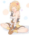  1girl blonde_hair closed_eyes commentary endro! fai_fai fingerless_gloves gloves hairband highres indian_style short_hair shorts simple_background sitting solo strapless yawning yukimura416 