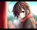  1girl ahoge blue_eyes blush brown_hair eyebrows_visible_through_hair hair_flaps hair_ornament highres jewelry kantai_collection looking_at_viewer ring scarf shigure_(kantai_collection) smile solo soramuko 