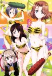  4girls absurdres animal_print azumi_(girls_und_panzer) bikini black_hair blonde_hair blue_eyes blush breasts brown_eyes brown_hair club collarbone girls_und_panzer glasses groin hair_ornament hair_ribbon highres horns large_breasts looking_at_viewer lum lum_(cosplay) medium_breasts megumi_(girls_und_panzer) multiple_girls navel oni_horns ribbon rumi_(girls_und_panzer) shimada_arisu shiny shiny_hair short_hair smile striped striped_bikini swimsuit tiger_print urusei_yatsura wang_guo_nian weapon 