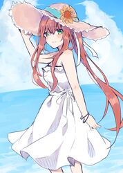 1girl alternate_costume az_37331m bare_arms bare_shoulders blue_sky brown_hair casual clouds day doki_doki_literature_club dress eyebrows_visible_through_hair flower green_eyes hair_between_eyes hair_ribbon hand_on_headwear hat hat_flower highres long_hair looking_at_viewer monika_(doki_doki_literature_club) outdoors parted_lips ponytail ribbon safe sidelocks sky solo sun_hat very_long_hair white_dress white_ribbon