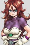  1girl android_21 armor belt blue_eyes breasts cheelai cheelai_(cosplay) cosplay dragon_ball dragon_ball_fighterz dragon_ball_super_broly earrings eyelashes frown glasses gloves grey_background hands_on_hips jewelry long_hair looking_at_viewer purple_shirt redhead shirt simple_background smile solo spiky_hair st62svnexilf2p9 upper_body white_gloves 