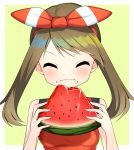  1girl bow breasts brown_hair closed_eyes creatures_(company) cute eating eyebrows_visible_through_hair food fruit game_freak hair_bow hairband haruka_(pokemon) highres long_hair nintendo pokemon pokemon_(game) pokemon_oras red_hairband red_shirt shiny shiny_hair shirt simple_background sleeveless sleeveless_shirt small_breasts solo striped striped_bow twintails upper_body watermelon yuihiko 