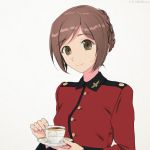  1girl akagi_(fmttps) artist_name bangs braid brown_eyes brown_hair closed_mouth crown_braid cup epaulettes eyebrows_visible_through_hair girls_und_panzer head_tilt holding holding_cup holding_saucer jacket lips long_sleeves looking_at_viewer military military_uniform nilgiri no_eyewear red_jacket saucer short_hair simple_background smile solo st._gloriana&#039;s_military_uniform teacup twitter_username uniform upper_body white_background 