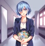  1girl blue_cardigan blue_eyes blue_hair blurry blurry_background breasts cardigan commentary_request day depth_of_field doors flower g4265059 hair_over_one_eye highres holding holding_flower indoors kirishima_touka large_breasts looking_at_viewer parted_lips shirt short_hair smile solo standing tokyo_ghoul tokyo_ghoul:re upper_body upper_teeth white_shirt window 