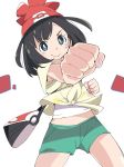  1girl bag beanie black_hair blue_eyes clenched_hand closed_mouth creatures_(company) eyebrows_visible_through_hair game_freak green_shorts hat ixy looking_at_viewer midriff mizuki_(pokemon) nintendo pokemon pokemon_(game) pokemon_sm shirt short_hair short_sleeves shorts simple_background smile solo tied_shirt white_background yellow_shirt 