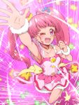  1girl ;d ahoge armpits back_bow bow choker collarbone cure_star dress earrings hoop_earrings hoshina_hikaru jewelry long_hair looking_at_viewer magical_girl one_eye_closed open_mouth outstretched_hand pink pink_background pink_dress pink_eyes pink_hair pink_legwear pink_neckwear planet_hair_ornament precure single_thighhigh smile solo standing standing_on_one_leg star star_choker star_twinkle_precure thigh-highs tj-type1 twintails wrist_cuffs yellow_bow 