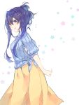  1girl alternate_costume arm_behind_back az_37331m blue_shirt casual doki_doki_literature_club folded_ponytail hair_between_eyes hair_ornament hair_up hairclip highres long_hair long_skirt looking_at_viewer open_mouth purple_hair ribbed_shirt shirt simple_background skirt smile solo star starry_background tied_shirt violet_eyes white_background yellow_skirt yuri_(doki_doki_literature_club) 