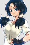  1girl arm_at_side black_gloves black_hair blue_eyes breasts dragon_ball dragonball_z eyelashes fingerless_gloves fingernails gloves grey_background hand_on_hip looking_away ponytail shirt simple_background smile solo st62svnexilf2p9 upper_body videl white_shirt 