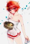  1girl blush bucket closed_mouth fire_emblem fire_emblem_heroes fire_emblem_if highres hinoka_(fire_emblem_if) holding holding_bucket naked_towel nekolook nintendo red_eyes redhead rubber_duck short_hair simple_background solo towel white_background wooden_bucket 