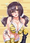  1girl alternate_costume animal_print azur_lane beans bending_forward black_hair black_panties blush breast_press breasts brown_eyes cleavage club commentary_request hair_between_eyes hair_ornament hairclip horn horns ken_ill large_breasts looking_at_viewer midriff nagara_(azur_lane) nose_blush oni oni_horns open_mouth panties parted_lips setsubun shiny shiny_skin side-tie_panties sidelocks thigh-highs thighs throwing tiger_print twintails underwear weapon 
