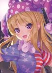  1girl :d american_flag_dress bangs blonde_hair blue_dress blush breasts clownpiece commentary dress eyebrows_visible_through_hair fairy_wings fang full_moon hat head_tilt highres jester_cap long_hair looking_at_viewer moon neck_ruff open_mouth polka_dot polka_dot_hat pom_pom_(clothes) purple_hat red_dress short_sleeves sin_(meltdown3939) small_breasts smile solo space star star_print striped striped_dress touhou upper_body violet_eyes white_dress wings 