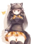  1girl absurdres animal_ear_fluff animal_ears black_legwear blush bow bowtie brown_eyes brown_hair commentary_request eyebrows_visible_through_hair food_print frown full_body highres horns japari_symbol kanzakietc kemono_friends long_hair looking_at_viewer muskox_(kemono_friends) orange_skirt panties plaid plaid_neckwear plaid_skirt pleated_skirt print_panties skirt solo strawberry_panties strawberry_print tail thigh-highs underwear 