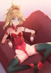  1girl alternate_costume ankle_cuffs aqua_eyes arm_strap ass bangs bare_shoulders black_legwear blonde_hair braid couch detached_collar fate/grand_order fate_(series) french_braid hair_ornament hair_scrunchie highleg highleg_leotard leotard long_hair looking_at_viewer lying mordred_(fate) mordred_(fate)_(all) on_back parted_bangs ponytail red_leotard red_scrunchie rubellent scrunchie solo spread_legs strapless strapless_leotard thigh-highs thong_leotard wrist_cuffs 