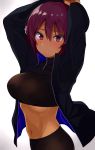  1girl arms_up bangs black_jacket black_shirt black_shorts blush breasts closed_mouth commentary_request covered_nipples crop_top dark_skin gomashi_(goma) gradient gradient_background groin hair_between_eyes highres jacket long_sleeves looking_at_viewer medium_breasts midriff navel open_clothes open_jacket original purple_hair shirt short_hair shorts solo stomach upper_body violet_eyes white_background 