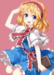  1girl :d alice_margatroid blonde_hair blue_dress blue_eyes book capelet dress eyebrows_visible_through_hair hair_between_eyes hairband hand_up highres lolita_hairband looking_at_viewer medium_hair open_mouth red_background ruu_(tksymkw) sash simple_background smile solo touhou 