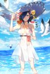  1girl absurdres alternate_costume bare_arms bare_shoulders bikini bird blue_eyes blurry blurry_background breasts clouds cloudy_sky collarbone commentary_request cup day dress drink feet_out_of_frame flower g4265059 hair_flower hair_ornament hair_over_one_eye hand_on_headwear hat highres holding holding_cup in_water kirishima_touka large_breasts looking_at_viewer no_bra ocean outdoors purple_hair seagull see-through short_hair sky solo standing sun_hat sundress swimsuit tokyo_ghoul tokyo_ghoul:re translation_request water water_drop white_bikini_bottom white_dress 
