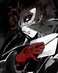  1boy amamiya_ren black_background closed_mouth domino_mask envelope gloves highres looking_at_viewer lor_(roasyerizyonirapi) male_focus mask nintendo persona persona_5 red_eyes red_gloves simple_background smash_ball smile solo super_smash_bros. super_smash_bros._ultimate upper_body wax_seal 