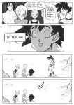  1girl 3boys :d ^_^ annoyed broly_(dragon_ball_super) cheelai close-up closed_eyes closed_eyes comic commentary dragon_ball dragon_ball_super_broly english_commentary english_text face frown greyscale hand_up hat highres lemo_(dragon_ball) mellon_snow monochrome multiple_boys nervous open_mouth scar scouter shirtless smile son_gokuu speech_bubble sweatdrop waving 