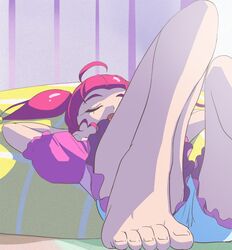  1girl ahoge arms_behind_head barefoot closed_eyes haruyama_kazunori hoshina_hikaru legs lying on_back open_mouth panties pantyshot pantyshot_(lying) pink_hair precure short_hair solo star_twinkle_precure twintails underwear white_panties 