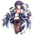  1girl @_@ anchor azur_lane bangs bare_shoulders belt black_legwear blue_coat blush bodysuit boots breasts cannon chains coat covered_nipples detached_collar dress floating_hair gloves groin hair_ornament hairclip holding holding_weapon large_breasts long_hair long_sleeves midriff mullany_(azur_lane) navel necktie off_shoulder official_art open_clothes open_coat open_dress open_mouth pantyhose purple_hair purple_shorts red_neckwear rigging rudder_footwear see-through short_shorts shorts sidelocks smile smoke solo sousouman stomach strapless thigh_strap torpedo_launcher transparent_background trigger_discipline tubetop unzipped weapon wind x_hair_ornament zipper 