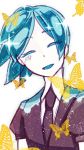  1other androgynous aqua_hair blue_hair bug butterfly closed_eyes colored_eyelashes crystal_hair eyebrows_visible_through_hair gem_uniform_(houseki_no_kuni) happy highres houseki_no_kuni insect necktie open_mouth phosphophyllite short_hair smile solo upper_body yellow_butterfly 