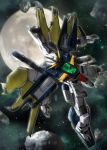  after_war_gundam_x asteroid broken damaged fujikusa full_moon gundam gundam_double_x highres mecha missing_limb moon no_humans satellite_cannon sky solar_panel space star_(sky) starry_sky 