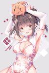 1girl 2019 :d animal animal_on_head armpits arms_up bangs bare_shoulders blush boar breasts brown_eyes brown_hair china_dress chinese_clothes chinese_zodiac cleavage cleavage_cutout commentary_request covered_navel cowboy_shot double_bun dress elbow_gloves eyebrows_visible_through_hair floral_print gloves grey_background hair_ornament happy_new_year head_tilt highres long_hair looking_at_viewer medium_breasts new_year on_head open_mouth original pelvic_curtain print_dress side_bun side_slit sidelocks sleeveless sleeveless_dress smile solo thighs translated twintails white_dress white_gloves year_of_the_pig yellow_eyes yuriko 