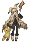  1girl :o animal_ears black_eyes boots creatures_(company) flat_chest full_body game_freak gen_1_pokemon gen_7_pokemon gloves grey_hair katagiri_hachigou long_hair mimikyu nintendo pale_skin personification pikachu pokemon pokemon_(creature) pokemon_(game) pokemon_sm solo staff stuffed_toy 