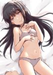 1girl bangs bare_arms bare_shoulders barefoot bed_sheet black_hair blush bow bow_bra bow_panties bra breasts collarbone commentary copyright_request eyebrows_visible_through_hair grey_bra grey_panties hair_between_eyes half-closed_eyes hands_up head_tilt long_hair lying nagami_yuu navel on_back panties parted_lips small_breasts soles solo underwear very_long_hair violet_eyes 