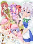  6+girls :d :o :t ^_^ apron ascot bat_wings black_dress black_neckwear blonde_hair blue_dress blue_eyes blue_hair blush braid breasts chair chestnut_mouth china_dress chinese_clothes closed_eyes closed_eyes commentary_request covering_mouth crescent crescent_moon_pin crossed_arms cup cupcake dress dress_shirt fangs flandre_scarlet food fork fruit green_dress green_neckwear grin hair_ribbon hat head_wings hong_meiling izayoi_sakuya kisaragi_koushi koakuma leaning_forward long_hair long_sleeves looking_at_another looking_at_viewer maid maid_headdress medium_breasts mob_cap multiple_girls open_mouth patchouli_knowledge plate pudding purple_dress purple_hair red_eyes redhead remilia_scarlet ribbon saucer shirt short_hair side_ponytail sidelocks silver_hair simple_background sitting smile strawberry striped striped_dress table teacup teapot the_embodiment_of_scarlet_devil touhou tress_ribbon twin_braids vertical_stripes very_long_hair violet_eyes waist_apron white_shirt wings wrist_cuffs yellow_neckwear 