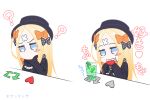  1girl ? abigail_williams_(fate/grand_order) bangs black_bow black_dress black_hat blonde_hair blue_eyes blush blush_stickers bongo_cat bow crossed_bandaids cup directional_arrow dress drink drinking_glass eating eyebrows_visible_through_hair fate/grand_order fate_(series) hair_bow hat heart highres holding holding_heart long_hair long_sleeves meme neon-tetora orange_bow parted_bangs polka_dot polka_dot_bow sharp_teeth sleeves_past_fingers sleeves_past_wrists teeth translation_request twitter_username upper_body very_long_hair 