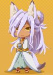  animal_ears bridal_gauntlets chibi dark_skin facial_mark fox_ears fox_tail full_body gundam gundam_build_divers hair_between_eyes long_hair looking_at_viewer male_focus momosemocha sandals shahryar_(gundam_build_divers) silver_hair smile solo tail yellow_eyes 