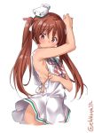  1girl armpits bare_arms bare_shoulders blush breasts brown_eyes brown_hair child dress dress_pull ebifurya eyebrows_visible_through_hair from_side hair_ribbon hat highres kantai_collection libeccio_(kantai_collection) long_hair looking_at_viewer looking_down mini_hat open_mouth ribbon sailor_dress sleeveless sleeveless_dress small_breasts solo striped striped_ribbon thighs twintails white_background white_dress 