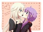  2girls aqua_eyes arm_around_back blonde_hair blush collarbone commentary_request dated english_text face-to-face heart hood hood_down hoodie ia_(vocaloid) jazu long_hair long_sleeves looking_at_another low_twintails mouth_hold multiple_girls purple_hair short_hair_with_long_locks short_sleeves signature sweat twintails upper_body violet_eyes vocaloid yuri yuzuki_yukari 