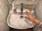  bathroom faucet faux_traditional_media horror_(theme) mirror pov pov_hands reflection rubber_duck sink soap_bottle solo tile_wall tiles 