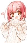  1girl :d aran_sweater bangs blush brown_eyes eyebrows_visible_through_hair hands_up head_tilt heart long_hair long_sleeves looking_at_viewer open_mouth original redhead simple_background sleeves_past_wrists smile solo sweater upper_body white_background white_sweater yuuhagi_(amaretto-no-natsu) 