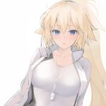  1girl bangs blonde_hair blue_eyes breasts collarbone dutch_angle eyebrows_visible_through_hair fate/grand_order fate_(series) hair_between_eyes high_ponytail jacket jeanne_d&#039;arc_(fate)_(all) jeanne_d&#039;arc_(swimsuit_archer) large_breasts long_hair mobu one-piece_swimsuit open_clothes open_jacket parted_lips ponytail simple_background solo swimsuit upper_body whistle whistle_around_neck white_background white_jacket white_swimsuit 