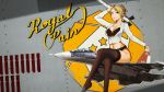  1girl ace_combat ace_combat_7 aircraft_request black_bra black_legwear black_panties blonde_hair blue_eyes bra braid commentary crown_braid english_text highres kowaremashita legs_crossed long_sleeves no_pants panties rosa_cossette_d&#039;elise thigh-highs underwear 