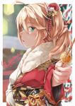  1girl admiral_hipper_(azur_lane) ahoge artist_request azur_lane bangs blonde_hair blurry blurry_background blush breasts commentary_request dango dated eyebrows_visible_through_hair flower food fur-trimmed_kimono fur_trim green_eyes hair_between_eyes hair_flower hair_ornament highres iron_cross japanese_clothes kimono lips long_hair long_sleeves looking_at_viewer nail_polish obi parted_lips red_kimono red_nails sash signature small_breasts solo two_side_up wagashi wide_sleeves 