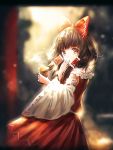  1girl blurry bow brown_eyes brown_hair catbell depth_of_field detached_sleeves eyebrows_visible_through_hair fingers_to_mouth food from_side hair_bow hair_tubes hakurei_reimu highres holding holding_food japanese_clothes long_hair looking_at_viewer miko parted_lips red_bow ribbon-trimmed_sleeves ribbon_trim skirt skirt_set solo steam sweet_potato touhou wide_sleeves 