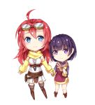 2girls ahoge blue_eyes boots breasts chibi closed_mouth couronne_(no_game_no_life) goggles goggles_on_head hand_holding ikasoke_(likerm6au) large_breasts long_hair multiple_girls no_game_no_life nonna_(no_game_no_life) purple_hair redhead short_hair standing thigh-highs thigh_boots violet_eyes 