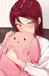  1girl blush couch covered_mouth holding holding_stuffed_animal holding_stuffed_toy long_sleeves looking_at_viewer love_live! love_live!_sunshine!! redhead sakurauchi_riko sellel shirt solo striped striped_background stuffed_animal stuffed_bunny stuffed_toy white_shirt yellow_eyes 