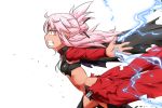  1girl bangs black_legwear blush breasts brown_eyes chloe_von_einzbern clenched_teeth electricity eyebrows_visible_through_hair fate/kaleid_liner_prisma_illya fate_(series) hair_between_eyes highres long_hair long_sleeves neon-tetora outstretched_arm pink_hair profile running simple_background small_breasts solo stomach_tattoo tattoo teeth thigh-highs very_long_hair white_background 