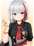  1girl admiral_graf_spee_(azur_lane) azur_lane bangs black_shirt blue_eyes blush bugles bugles_on_fingers collared_shirt commentary_request eyebrows_visible_through_hair food food_on_finger hair_between_eyes looking_at_viewer medium_hair multicolored_hair necktie red_neckwear shirt short_hair short_sleeves solo streaked_hair tonari_(ichinichime_azuma) white_hair 