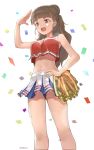  1girl bangs bare_legs bare_shoulders blunt_bangs breasts brown_eyes brown_hair cheerleader cleavage confetti cowboy_shot crop_top eyebrows hair_bun hand_on_hip hand_to_head highres holding_pom_poms idolmaster idolmaster_cinderella_girls kamiya_nao large_breasts long_hair miniskirt navel open_mouth pjkka pleated_skirt pom_poms red_eyes skirt solo standing thick_eyebrows white_background 