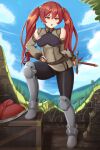  1girl armored_boots boots castell detached_sleeves fingerless_gloves fire_emblem fire_emblem_awakening gloves highres leg_up looking_at_viewer open_mouth outdoors pantyhose red_eyes redhead severa_(fire_emblem) shield solo sword tsundere twintails weapon 
