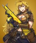  1girl adapted_costume ahoge alternate_weapon baggy_pants bandolier belt_pouch black_gloves blonde_hair breasts cleavage drum_magazine gloves gun highres huge_ahoge large_breasts long_hair military_operator navel pants pouch prosthesis prosthetic_arm rosakatze rwby shotgun shotgun_shells single_glove sleeves_rolled_up solo toned violet_eyes wavy_hair weapon yang_xiao_long 