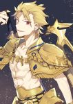  1boy abs archer_(fate/prototype) armor bare_chest blonde_hair collarbone earrings eyebrows_visible_through_hair fate/prototype fate_(series) fringe_trim gold_armor highres jewelry looking_at_viewer male_focus necklace nikame open_clothes open_mouth red_eyes smile solo spiky_hair sword weapon 