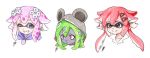  3girls ;) absurdres animal_hood bangs black_choker choker collarbone commentary crossover d-pad d-pad_hair_ornament domino_mask english_commentary green_hair grey_skin grin hair_ornament hairclip highres hood hoodie inkling isaki_tanaka linda_(neptune_series) long_hair looking_at_viewer low_twintails mask mouse_hood multiple_girls neptune_(neptune_series) neptune_(series) one_eye_closed pink_hair pointy_ears portrait red_eyes redhead sharp_teeth short_hair sidelocks signature simple_background smile splatoon_(series) teeth tennouboshi_uzume tentacle_hair traditional_media twintails v-shaped_eyebrows violet_eyes white_background white_choker 