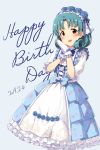  1girl :d bangs blue_background blue_bow blue_dress blue_flower blue_hair blue_ribbon blue_rose blush bow center_frills cross-laced_clothes dated dress flower frilled_dress frilled_gloves frilled_sleeves frills gloves hair_flower hair_ornament hairband hands_together hands_up happy_birthday highres idolmaster idolmaster_million_live! lolita_hairband looking_at_viewer open_mouth parted_bangs red_eyes ribbon rose short_sleeves smile solo suke_(momijigari) tokugawa_matsuri 